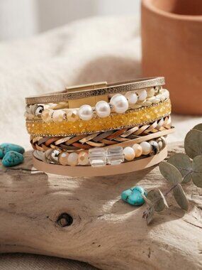 Layered Vegan Leather Bracelet Boho Chic Faux Pearl Magnetic Stack Beige 7.5in